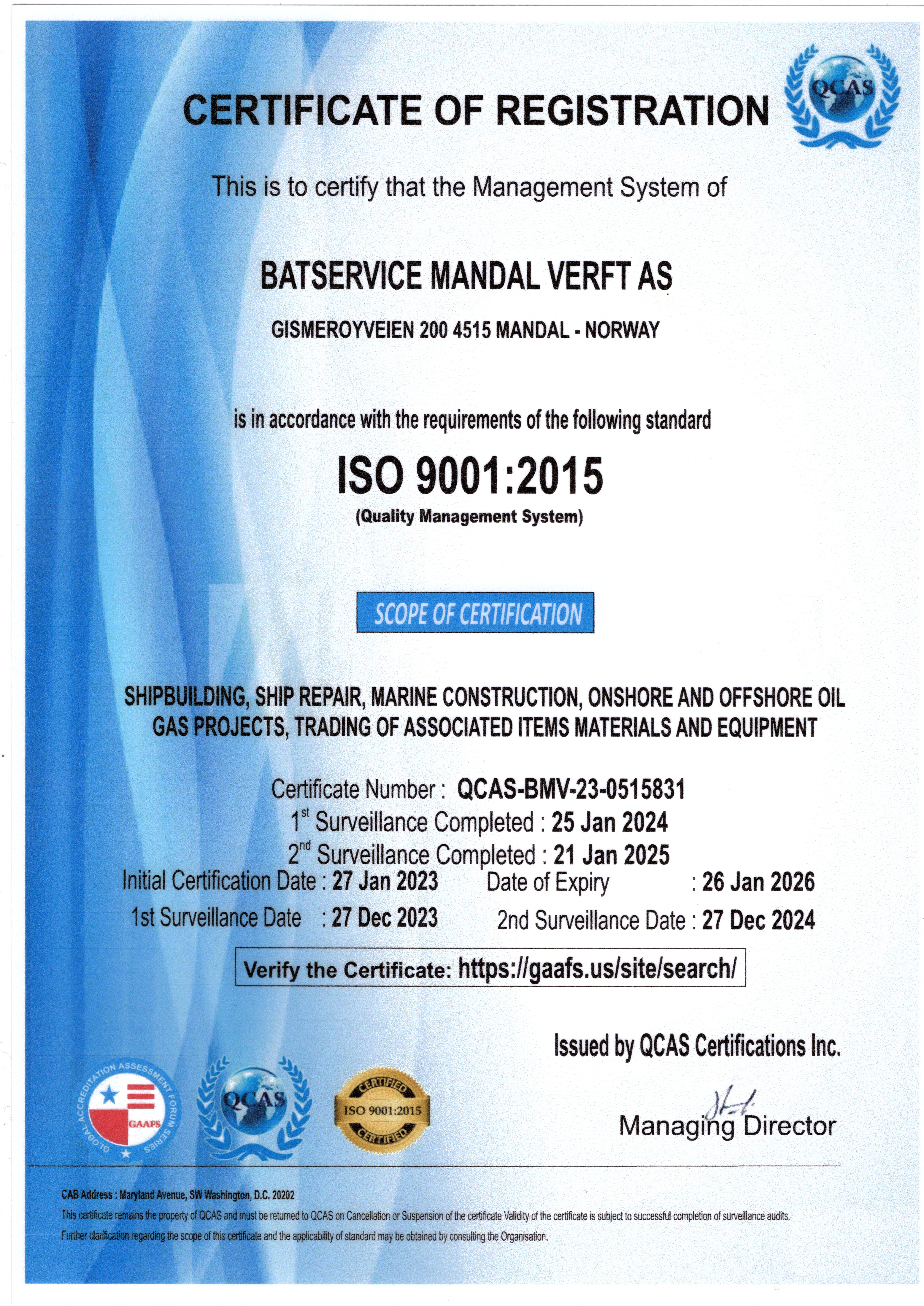 BATSERVICE MANDAL VERFT AS ISO 9001-2015